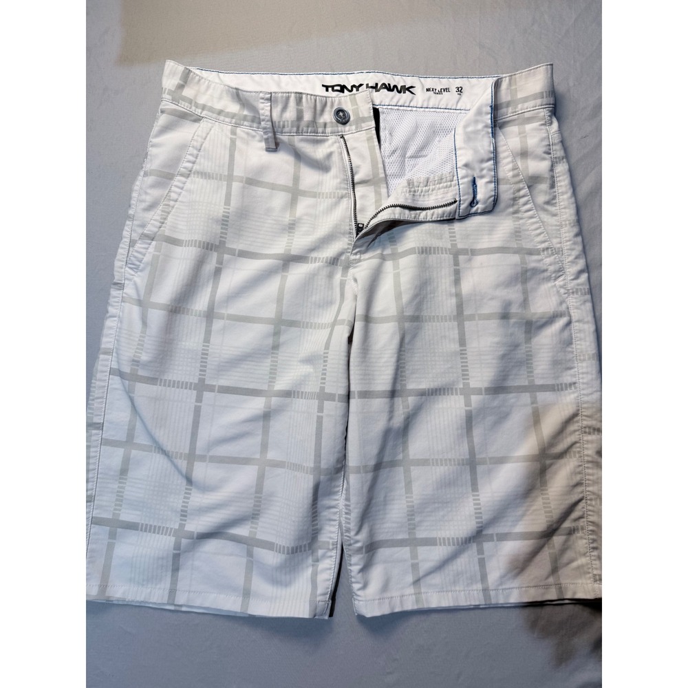Tony Hawk Next Level Series Mens Performance Plaid Shorts White Grey Size‎ 32